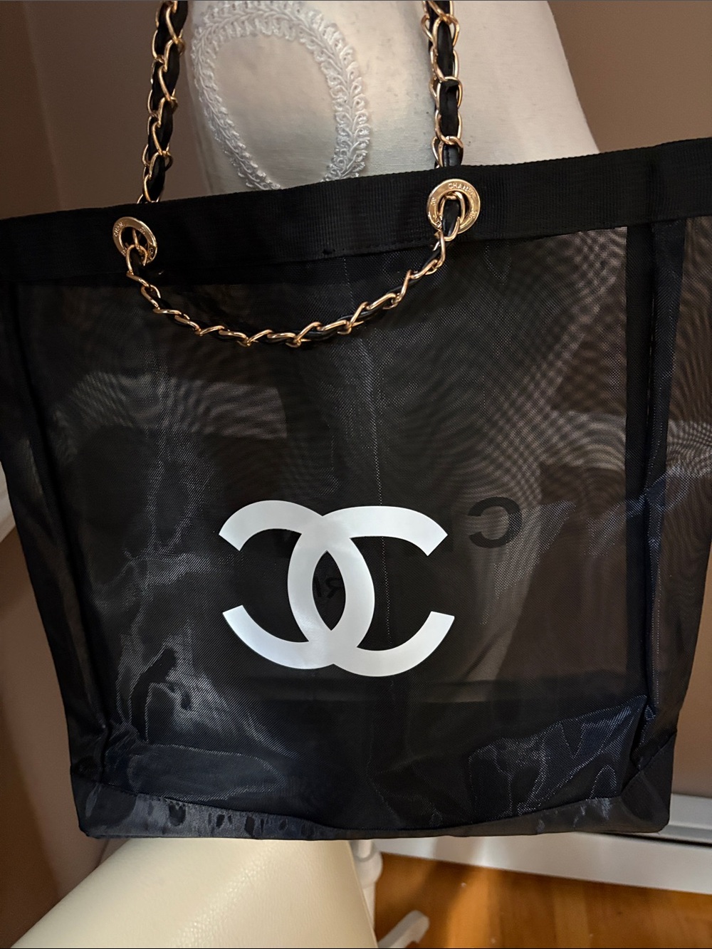 Fashion Chanel- Source Unknown Black Mesh Tote with Gold Chain Handles - Picture 3 of 7
